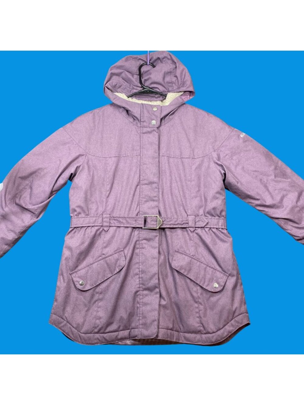 Columbia Girls Omni-Heat Purple Winter Coat Belted Waist & Hooded Size XL